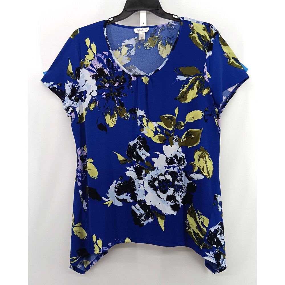 Jaclyn Smith Blouse Women Size XXL Blue Floral Short Sleeve Scoop Neck Tunic Top